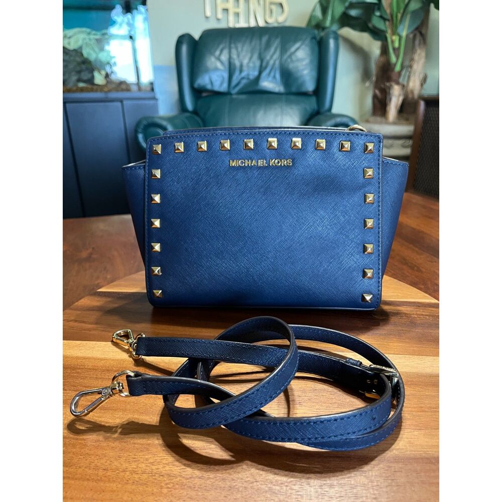 Michael Kors Selma Metal Stud Messenger Bag Crossbody Medium Leather Blue